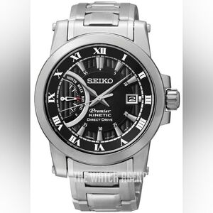 Seiko Premier Kinetic Direct Drive Black Dial Steel Bracelet Watch 42mm SRG009P1